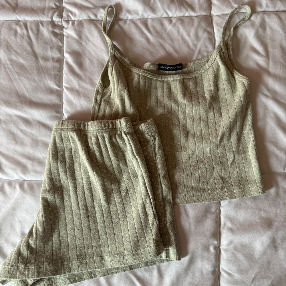 Brandy Melville John Galt Green Ribbed Tank and Shorts Set